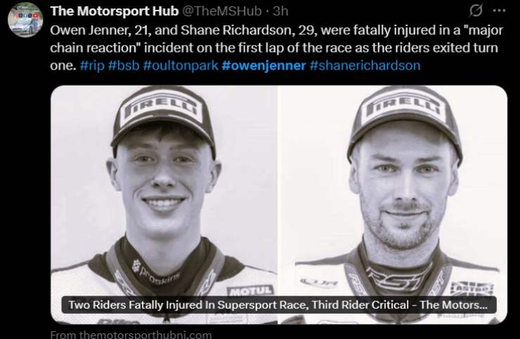 MotoGP Superbike tragedia morte Jenner Richardson British