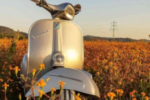 Uno scooter Vespa in un prato fiorito